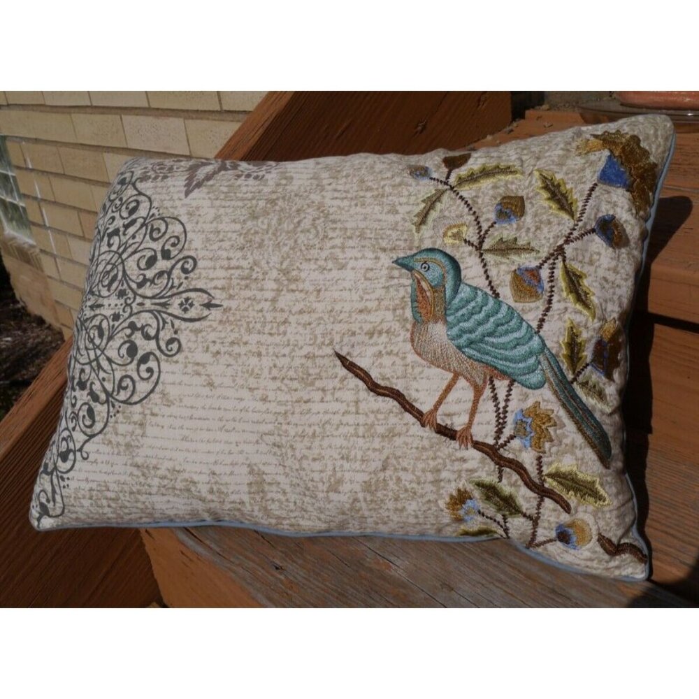 Throw Pillow ARTISTIC ACCENTS Luxury Teal Ivory Bird Flower Embroidered Down